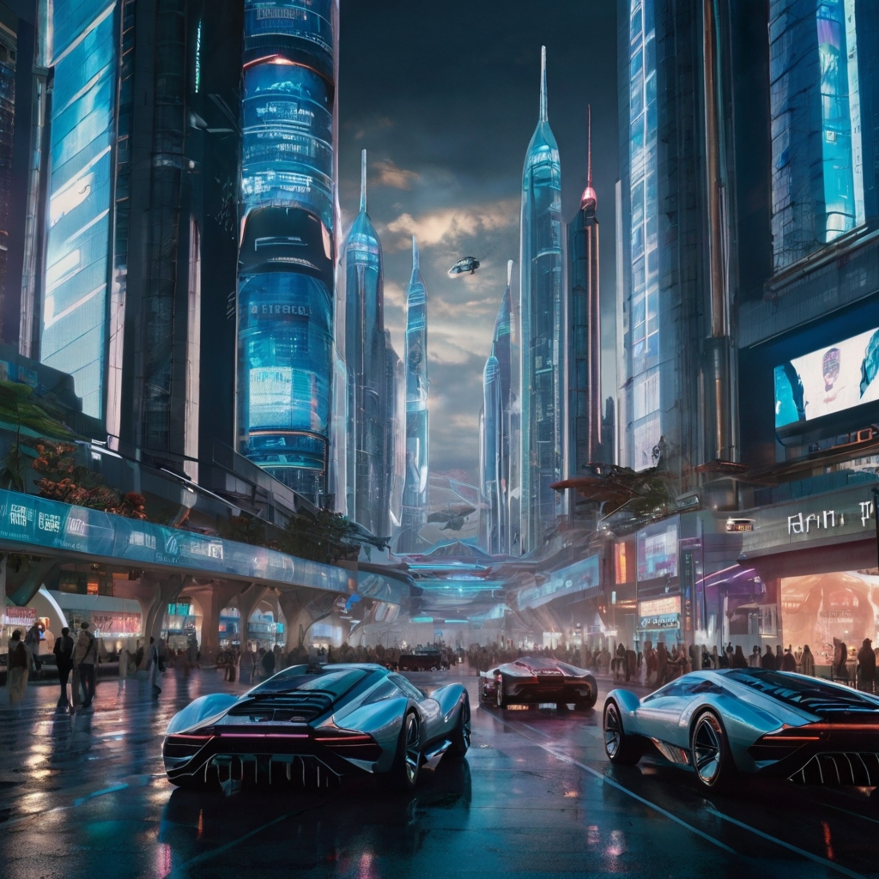 Imagine a breathtaking futuristic city where towering glass buildings pierce the sky, flying cars gracefully zoom through the