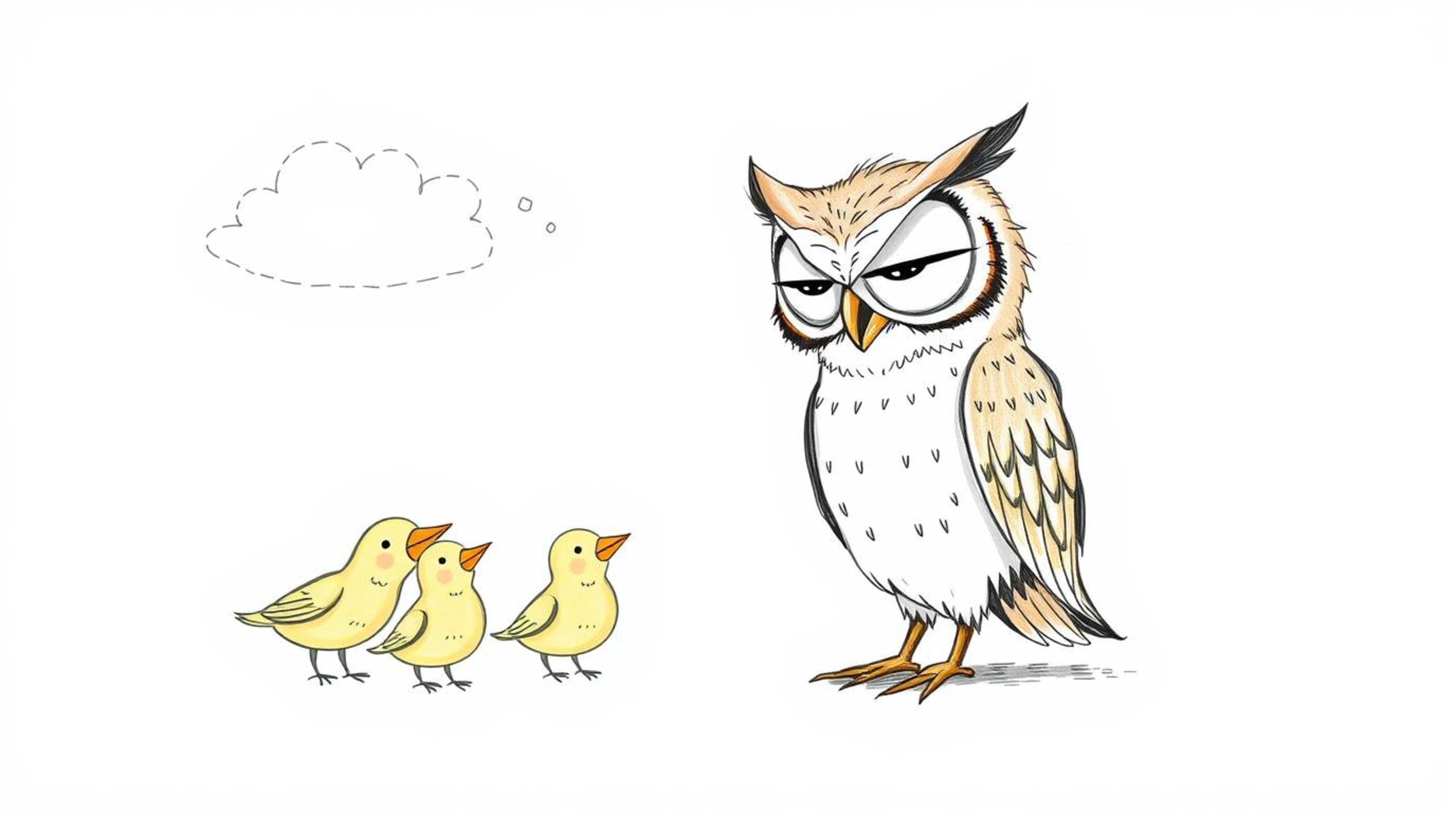 A heartwarming hand-drawn sketch in a Pixar style depicts a blind owl with large, expressive eyes and slightly ruffled feathe