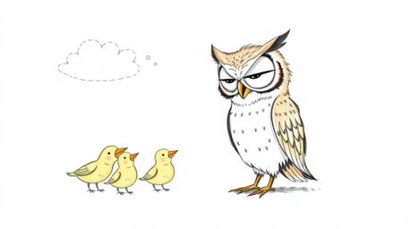 A heartwarming hand-drawn sketch in a Pixar style depicts a blind owl with large, expressive eyes and slightly ruffled feathe