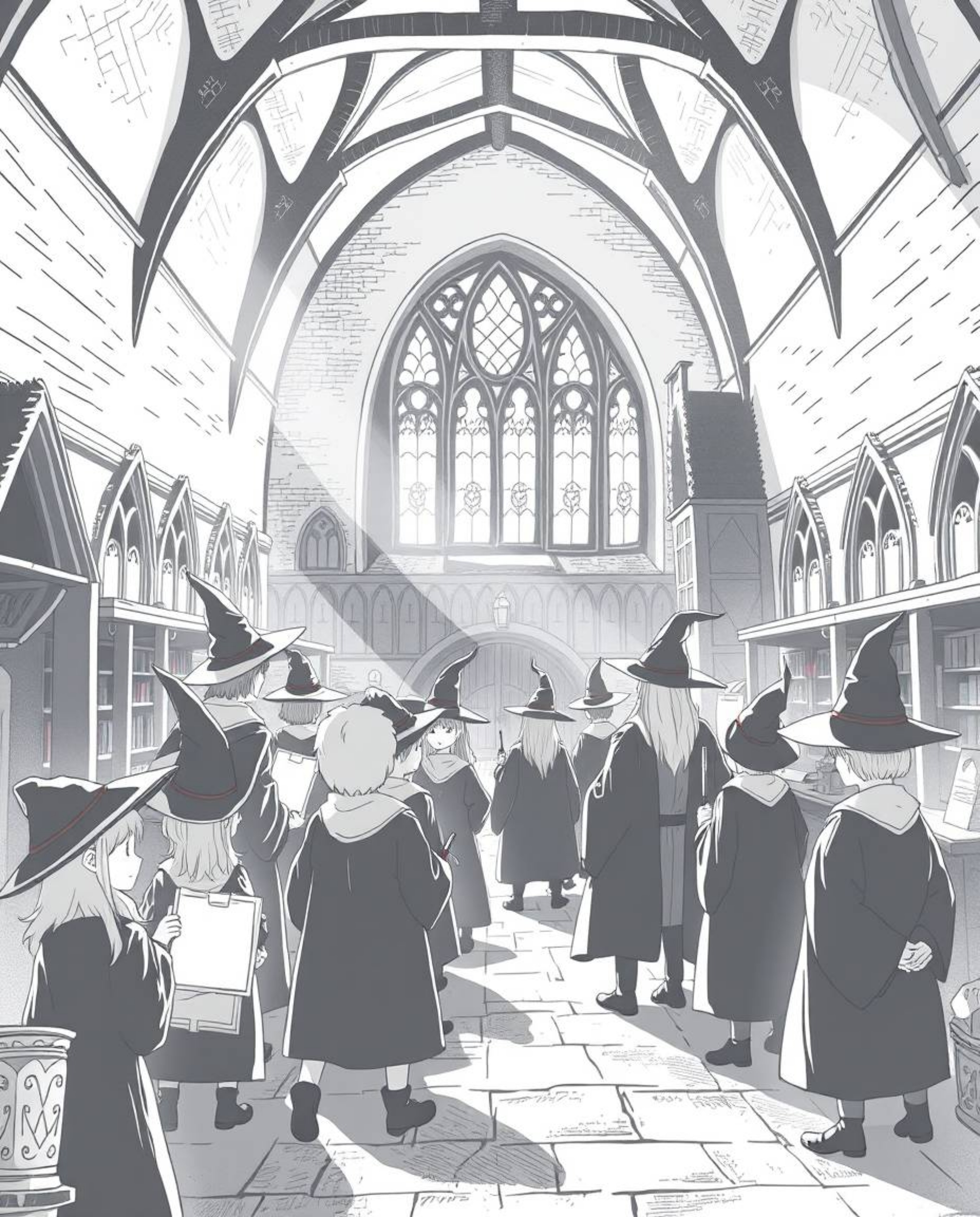 Explore a classic black and white illustration depicting a magical school brimming with young wizards, bathed in gentle soft 