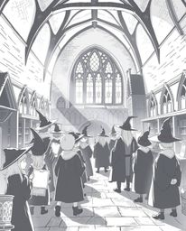 Explore a classic black and white illustration depicting a magical school brimming with young wizards, bathed in gentle soft 