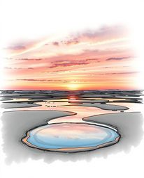 A graceful and elegant hand-drawn sketch, rendered in a color sketchnote style, depicts a serene sunset sky mirrored in the t