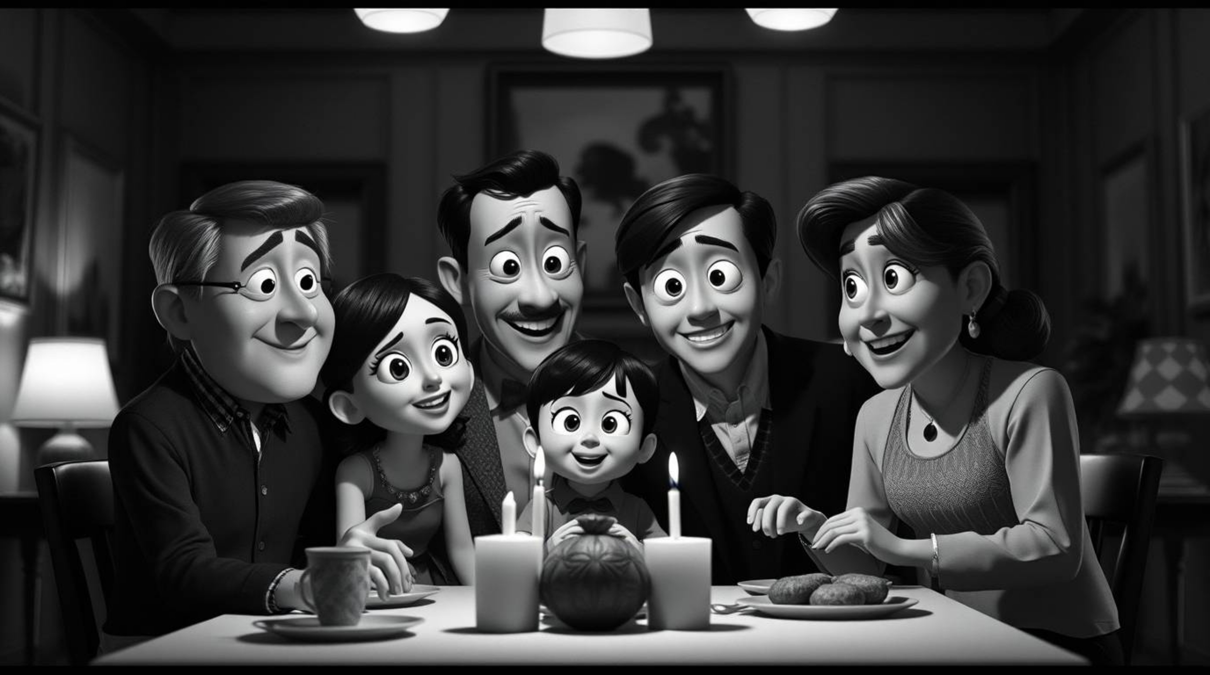 Capture the essence of a heartwarming family reunion in a stunning Pixar-style rendition, rendered in classic black and white