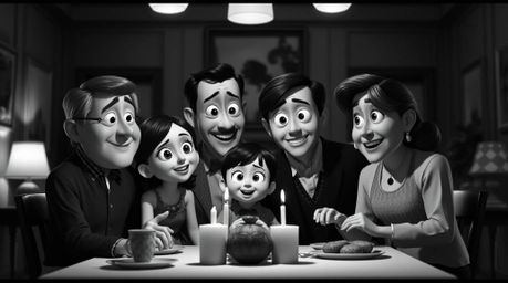 Capture the essence of a heartwarming family reunion in a stunning Pixar-style rendition, rendered in classic black and white