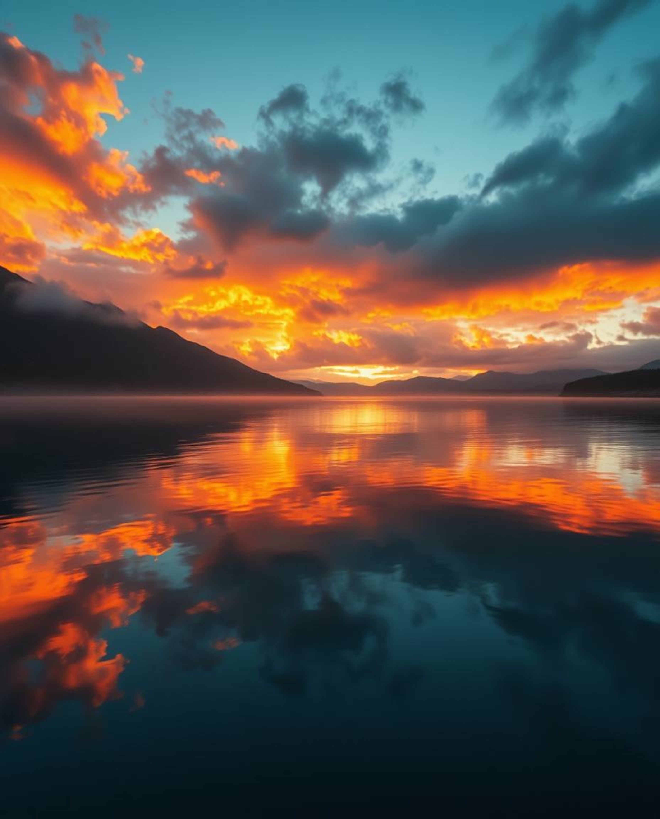 A cinematic film still depicts the reflections of fiery clouds in a mountain lake, creating a dreamlike atmosphere. The image