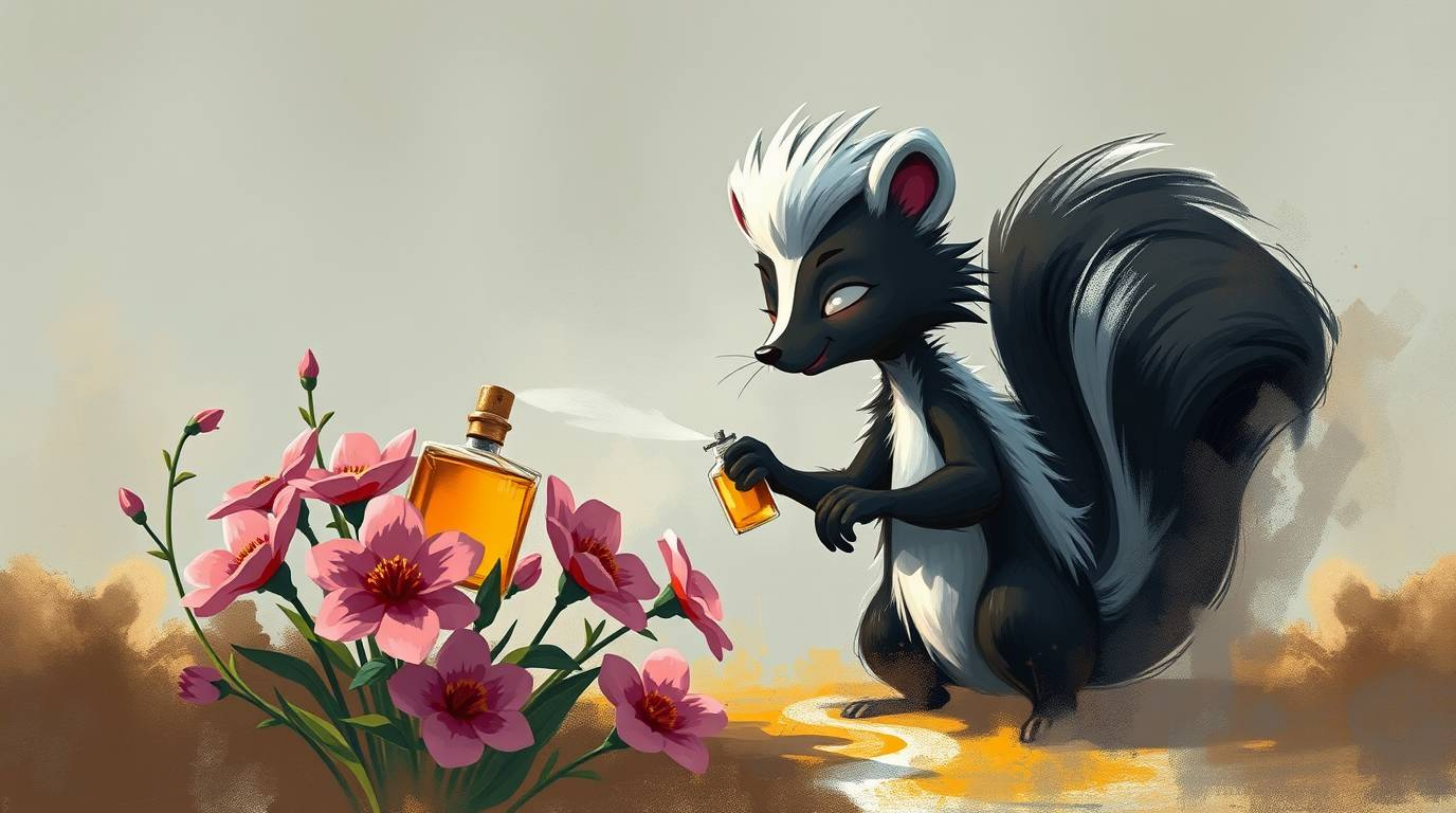 A whimsical digital sketch depicts a cartoon skunk playfully spraying perfume on flowers, rendered with loose, painterly stro