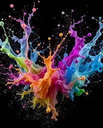 Explore dreamlike surreal imagery featuring dynamic and colorful splashes on a stark black background. This series utilizes f