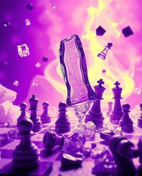 Witness a captivating scene of a chessboard caught in a moment of frozen destruction, rendered in a futuristic sci-fi style. 