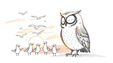 A heartwarming hand-drawn sketch in the style of Pixar depicts a blind owl with gentle features teaching a classroom of flyin