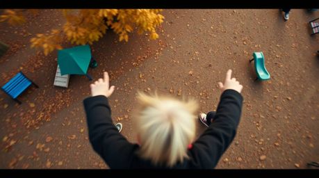 Experience a captivating slow-motion journey through a playground, captured from a mesmerizing bird's eye perspective. This s