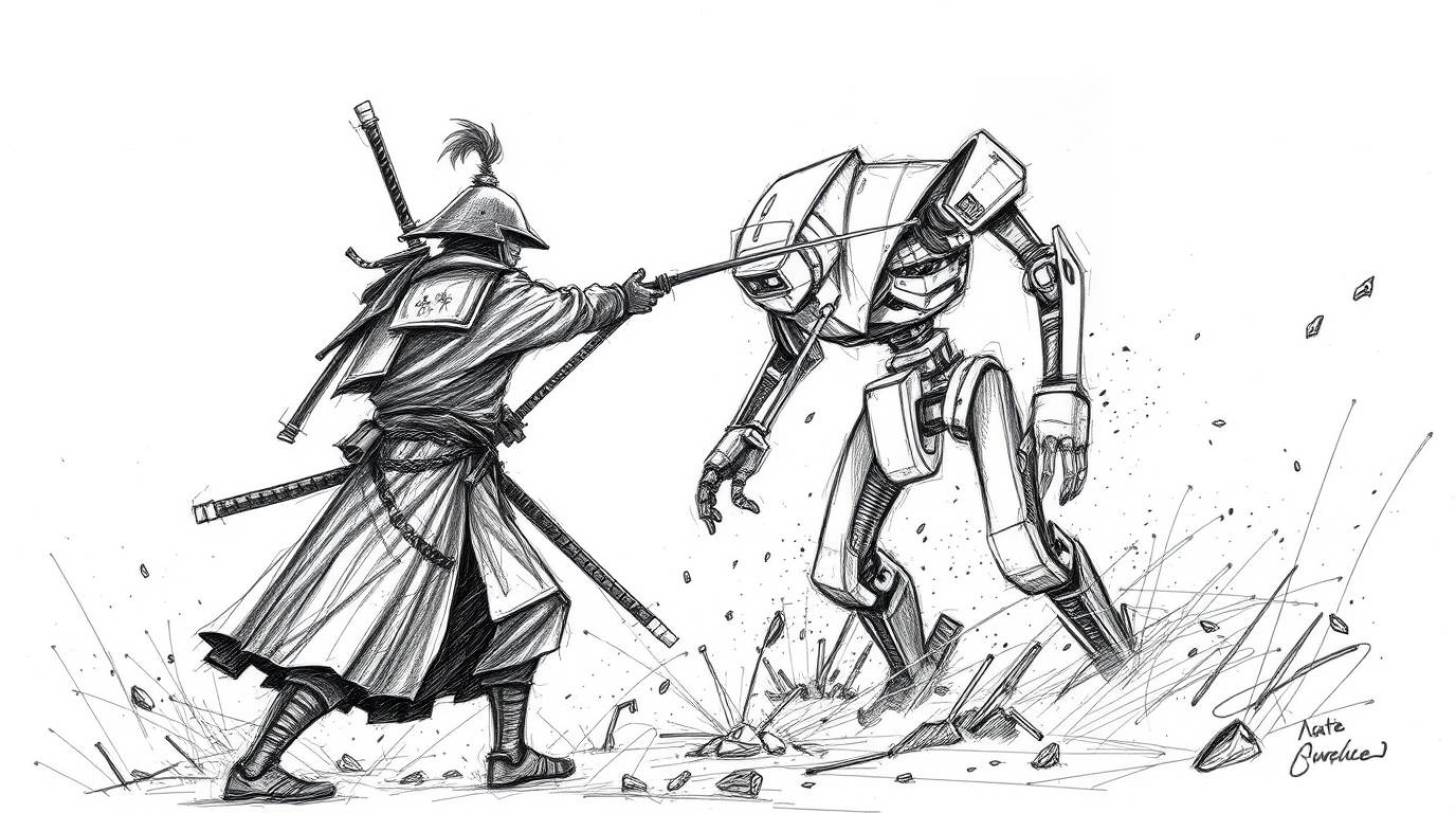 A chilling hand-drawn sketch depicts a samurai engaged in an eerie battle against a robot within a dystopian world. The rough