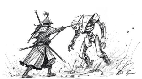 A chilling hand-drawn sketch depicts a samurai engaged in an eerie battle against a robot within a dystopian world. The rough