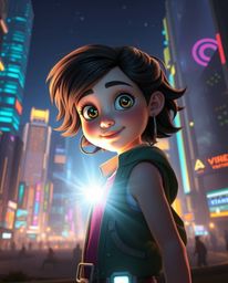 A young inventor girl stands radiantly in a grand, futuristic cityscape, rendered in a vibrant Pixar-like style.  The scene i