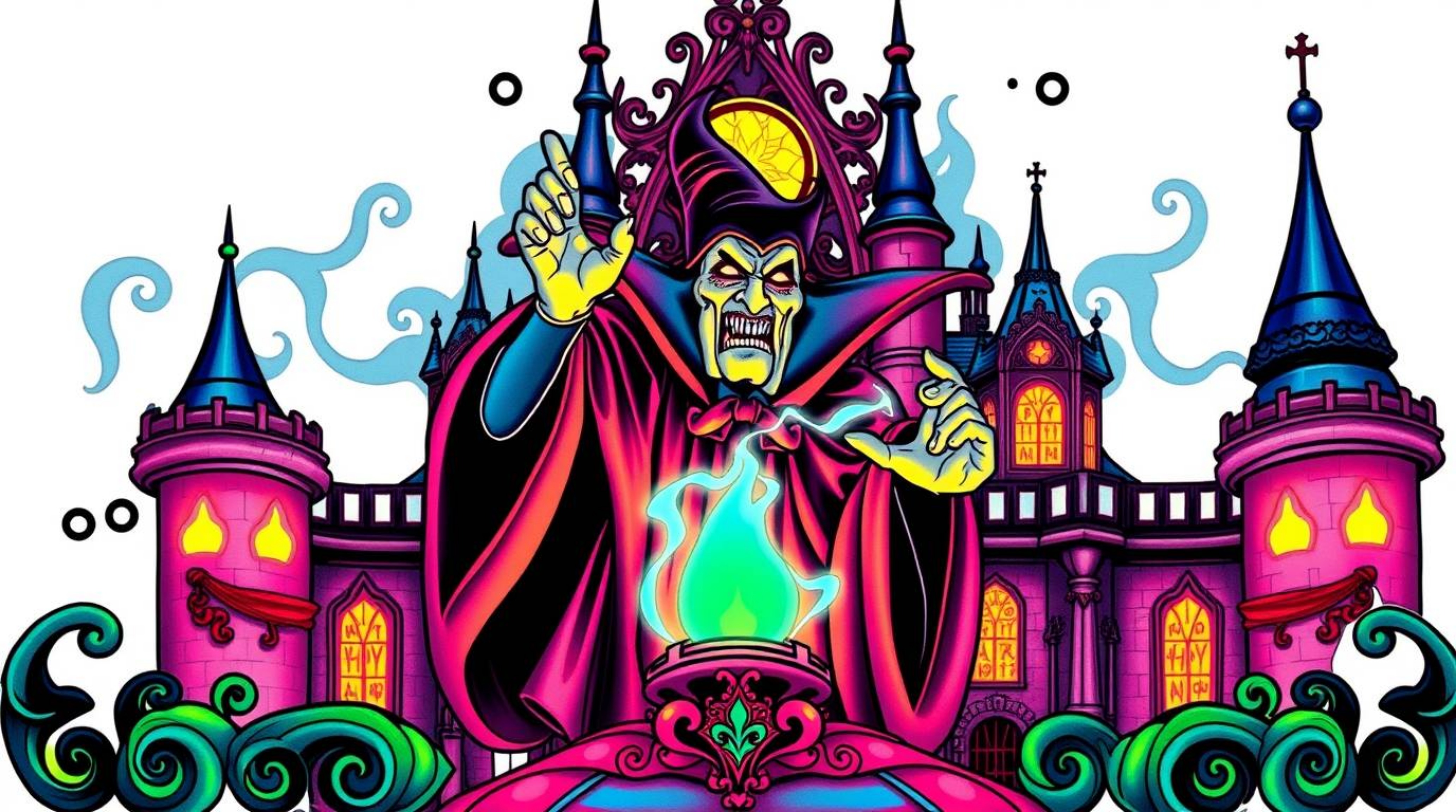 A vibrant, retro-style tattoo design featuring a classic Disney villain casting a spell within an ornate castle.  The artwork