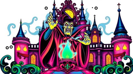 A vibrant, retro-style tattoo design featuring a classic Disney villain casting a spell within an ornate castle. The artwork