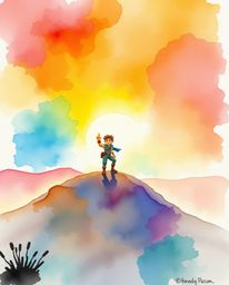 A brave hero embarks on a vibrant desert adventure in this delicate watercolor painting.  Featuring bright lens flares, trans