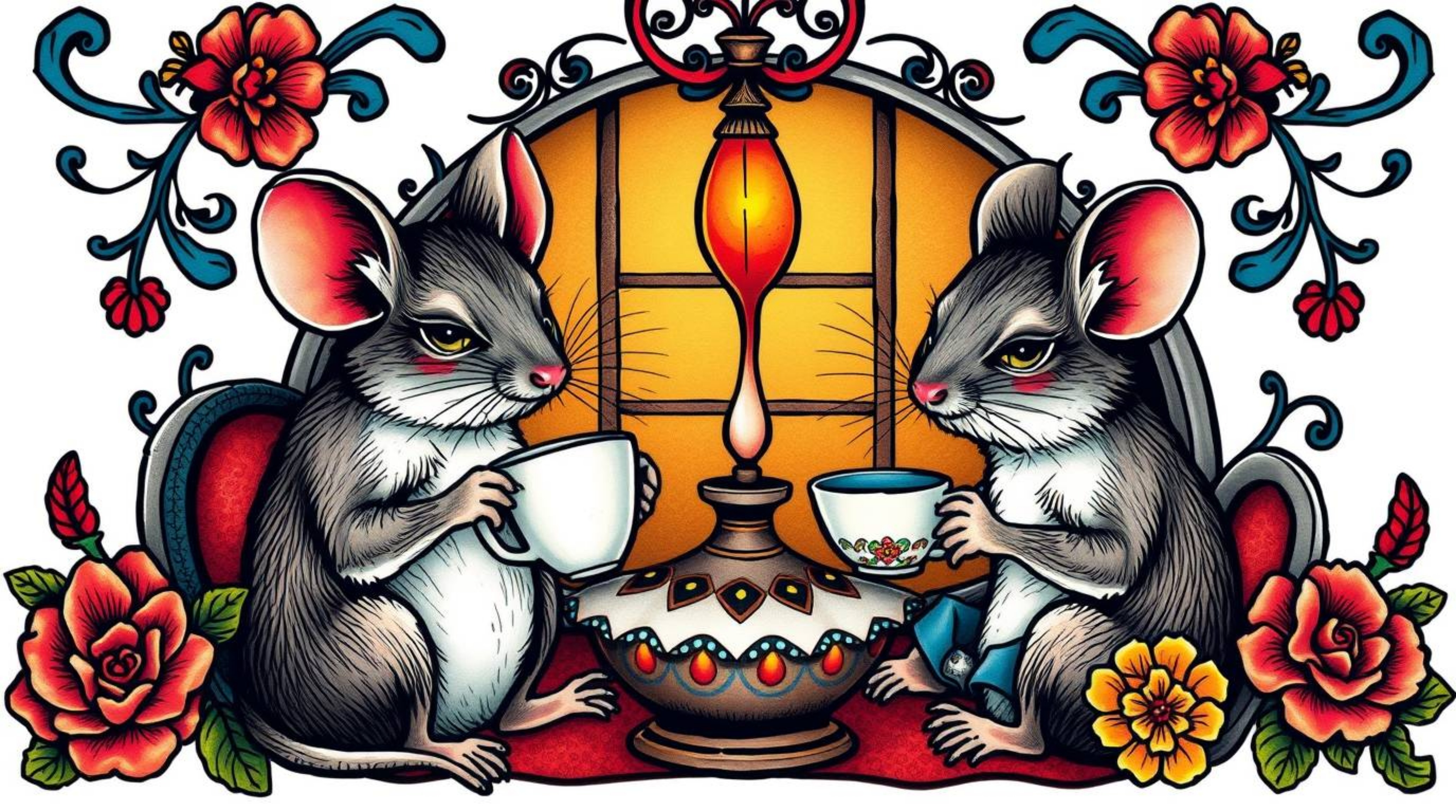 This unique tattoo art print features adorable anthropomorphic mice enjoying tea in a cozy cottage.  The design boasts vibran