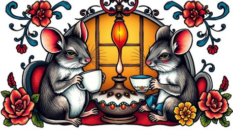 This unique tattoo art print features adorable anthropomorphic mice enjoying tea in a cozy cottage.  The design boasts vibran