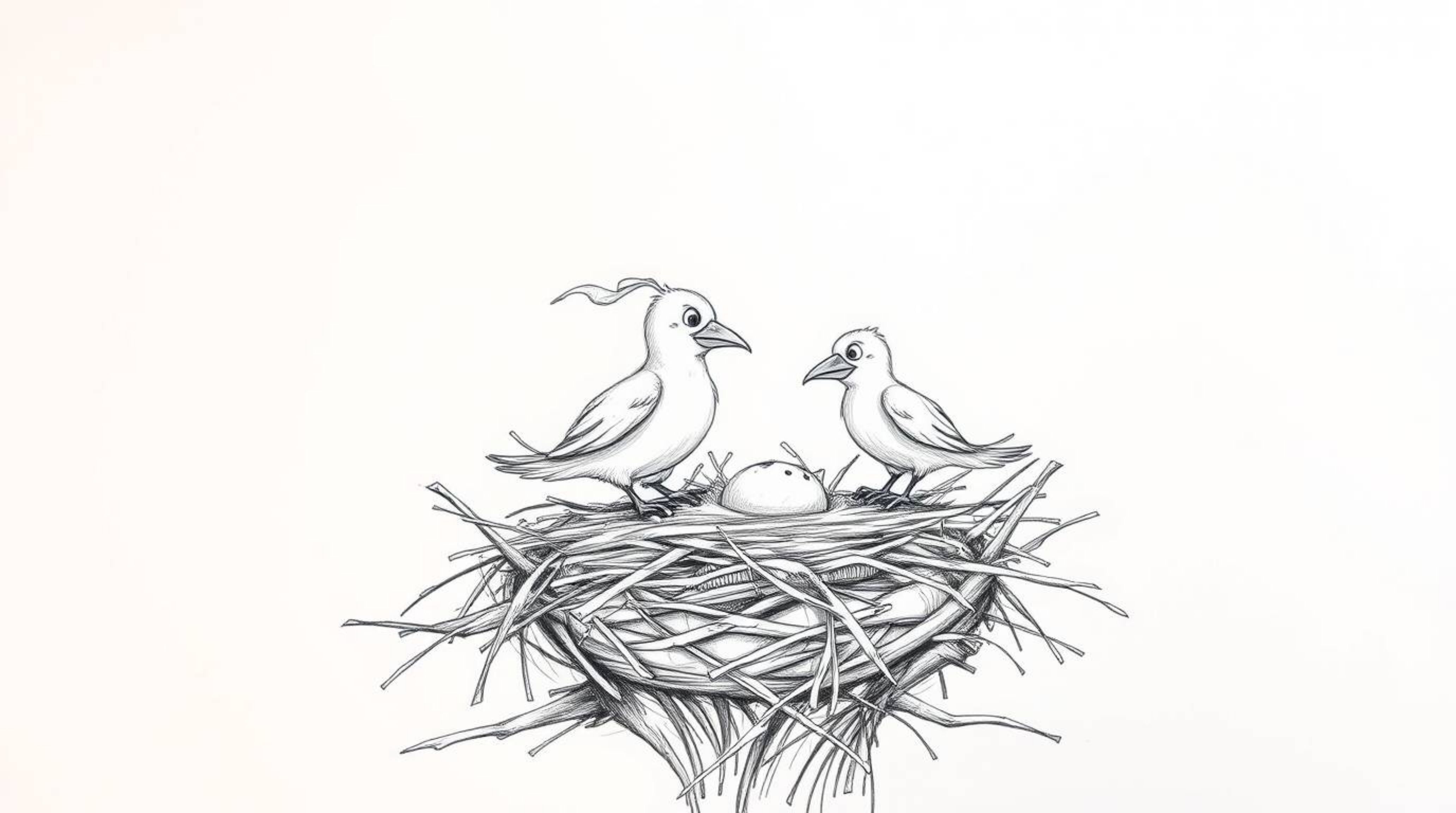 An epic, hand-drawn sketch depicts two cartoon birds diligently building a nest in a classic animation style. Set against a m