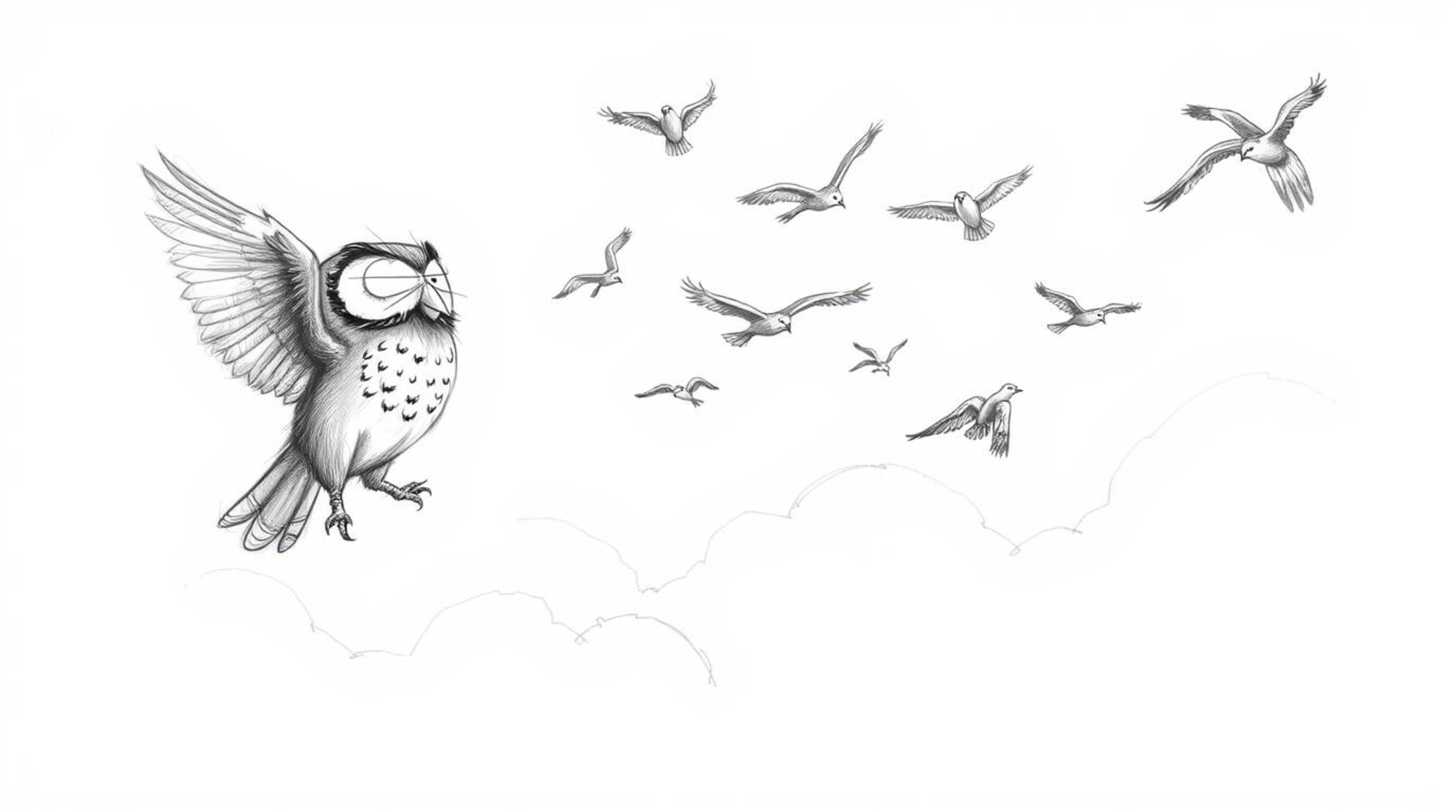 A hand-drawn pencil sketch depicts a wise, blind owl, rendered in the style of Pixar animation, leading a flock of birds in f
