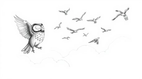 A hand-drawn pencil sketch depicts a wise, blind owl, rendered in the style of Pixar animation, leading a flock of birds in f
