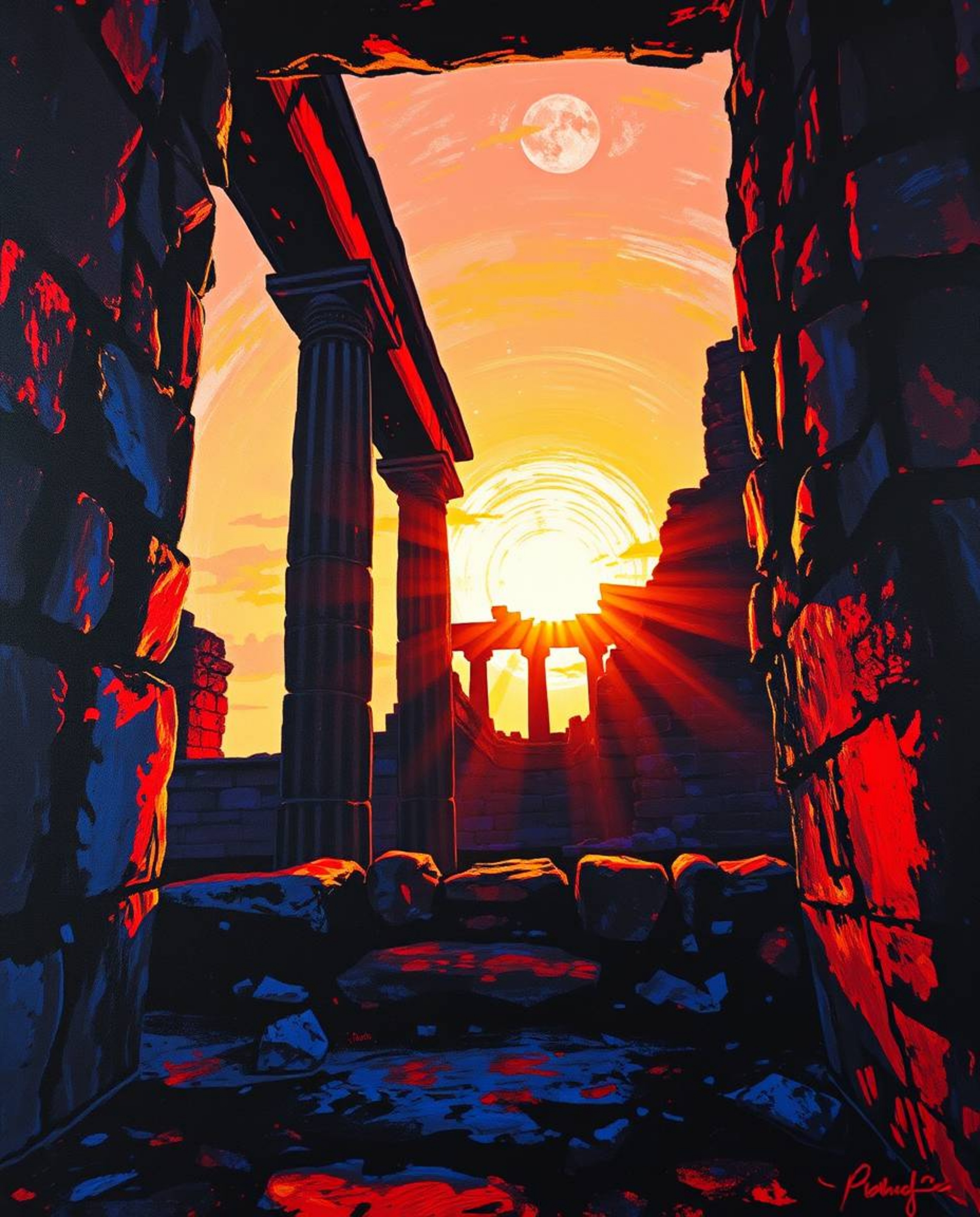 A bold acrylic painting captures sunset shadows moving through ancient stone ruins. The artwork utilizes high contrast and lo