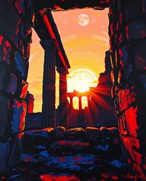 A bold acrylic painting captures sunset shadows moving through ancient stone ruins. The artwork utilizes high contrast and lo