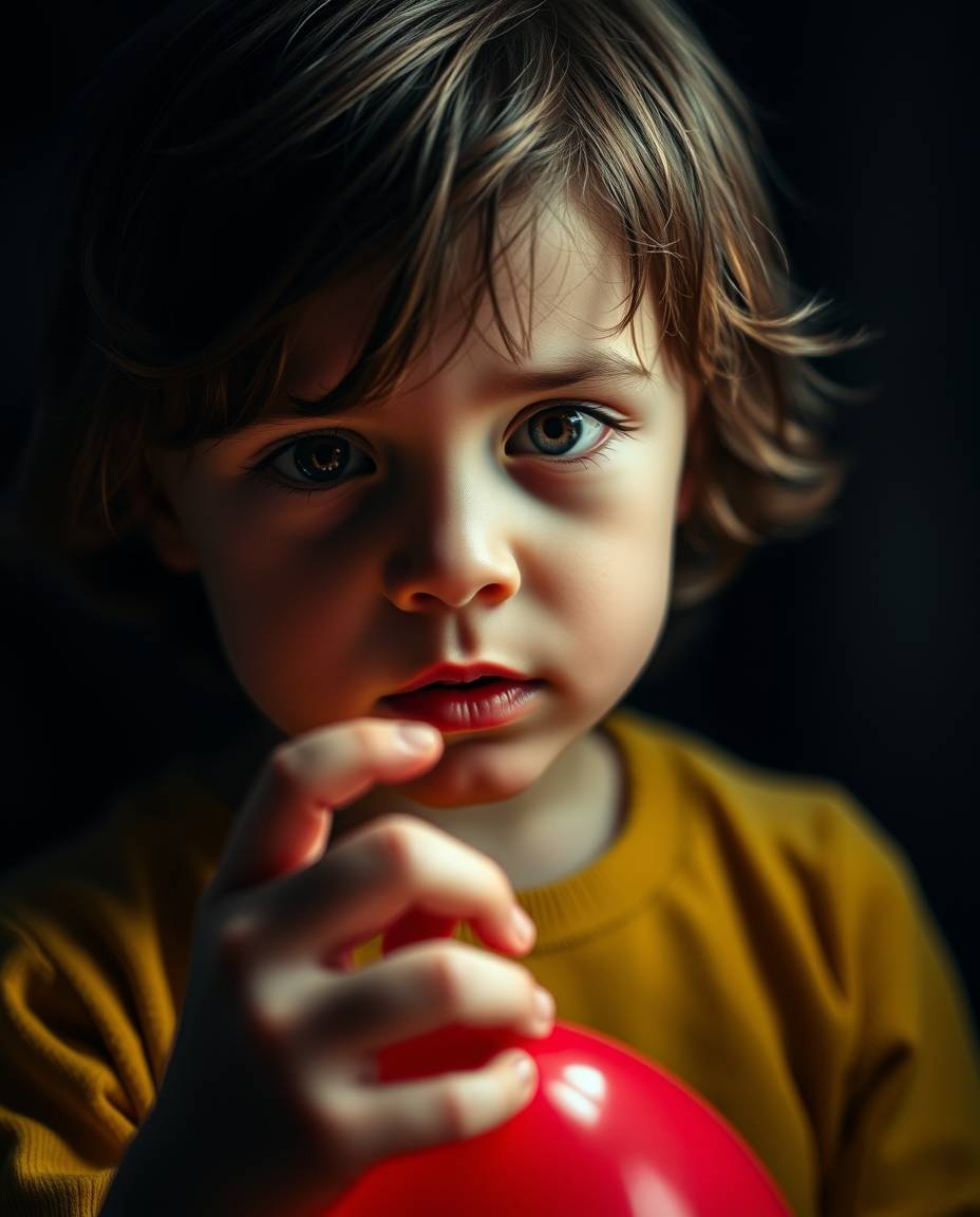A captivating extreme macro photograph showcases a fair-skinned child delicately holding a vibrant red balloon. The intense, 