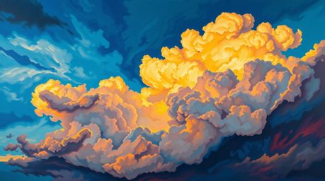 This bold acrylic painting captures an intense close-up of thunderstorm clouds dramatically illuminated by the light of the s