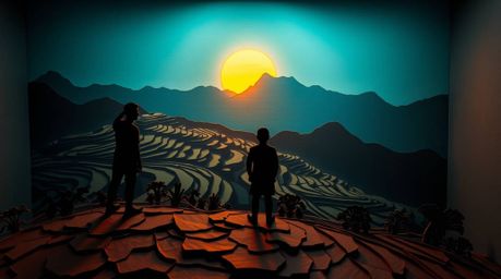This high-angle papier-mâché artwork captures the serene beauty of a sunset over rice terraces in the mountains. Silhouetted 