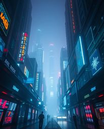 This image showcases a futuristic city plunged into a glitch state, characterized by flickering lights and shattered hologram