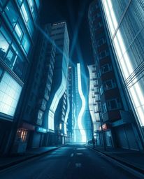 Experience a captivating surreal street scene illuminated by distinct volumetric lighting.  Witness the mesmerizing sight of 