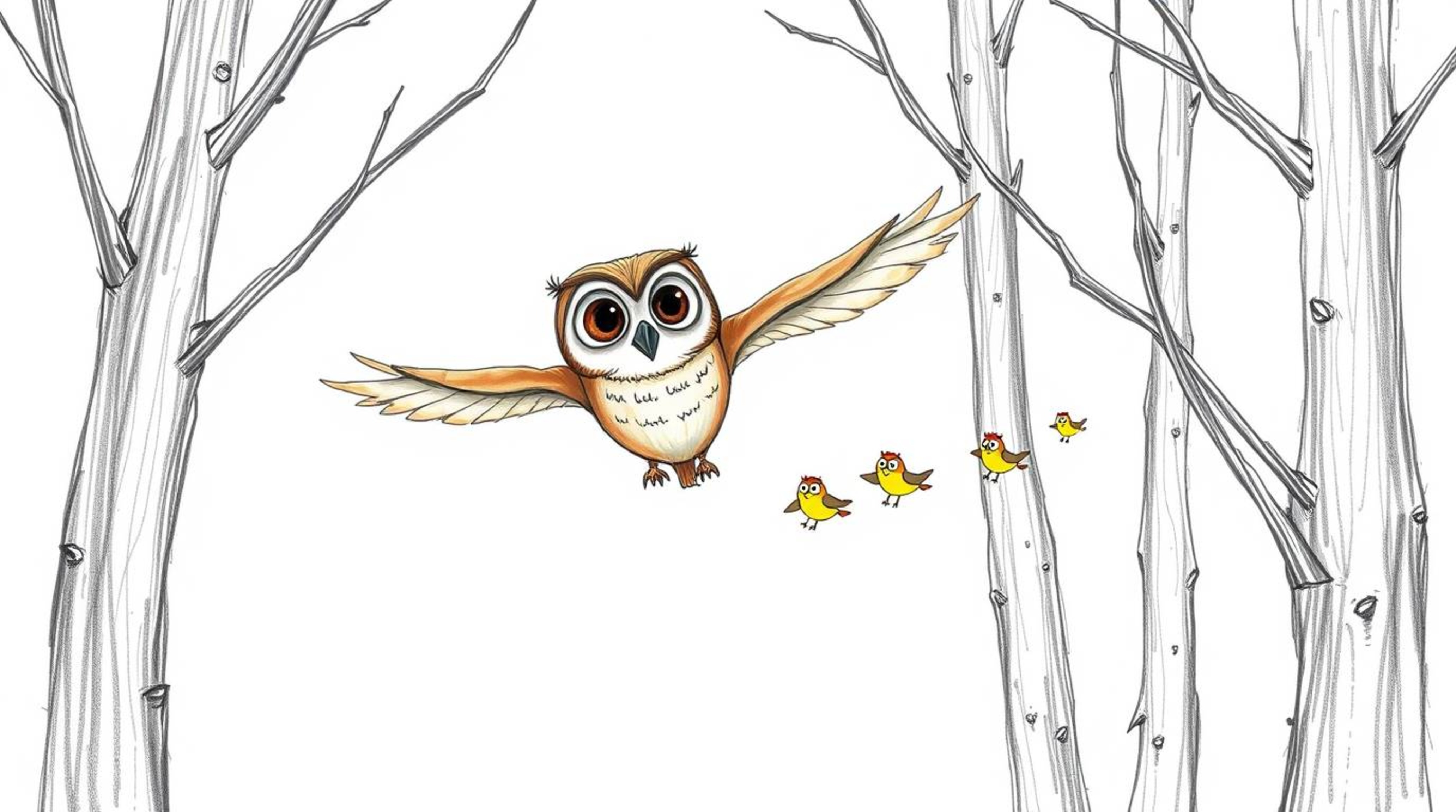 A heartwarming hand-drawn sketch in the style of Pixar depicts a wise, blind owl gliding gracefully between trees, guiding a 
