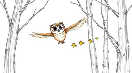 A heartwarming hand-drawn sketch in the style of Pixar depicts a wise, blind owl gliding gracefully between trees, guiding a 