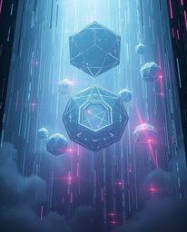 Experience a grand, epic scene of glitched geometric shapes floating in a futuristic cyberspace matrix.  Rendered in a modern