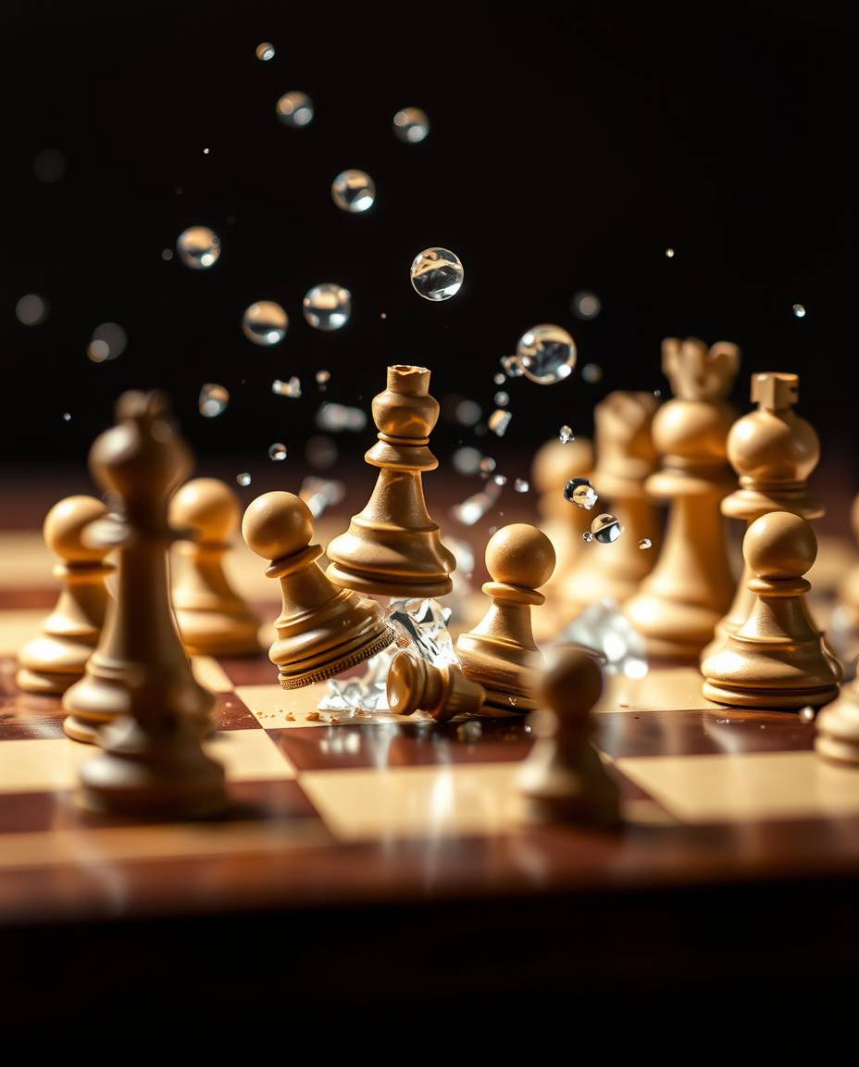 A captivating extreme macro photograph captures a chessboard in frozen destruction, with pieces suspended mid-air.  The image
