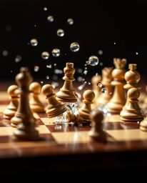 A captivating extreme macro photograph captures a chessboard in frozen destruction, with pieces suspended mid-air.  The image