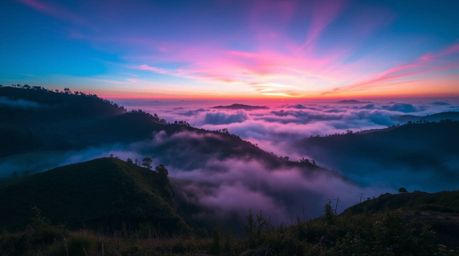 Experience the breathtaking beauty of fog-covered hills bathed in the golden light of a setting sun.  Witness iridescent and 