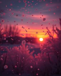 This surreal infrared image captures the enchanting moment of snowflakes falling during a vibrant sunset. The composition sho
