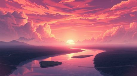 A captivating isekai-style anime landscape featuring a winding river bathed in the dramatic glow of an orange-pink sunset.  T