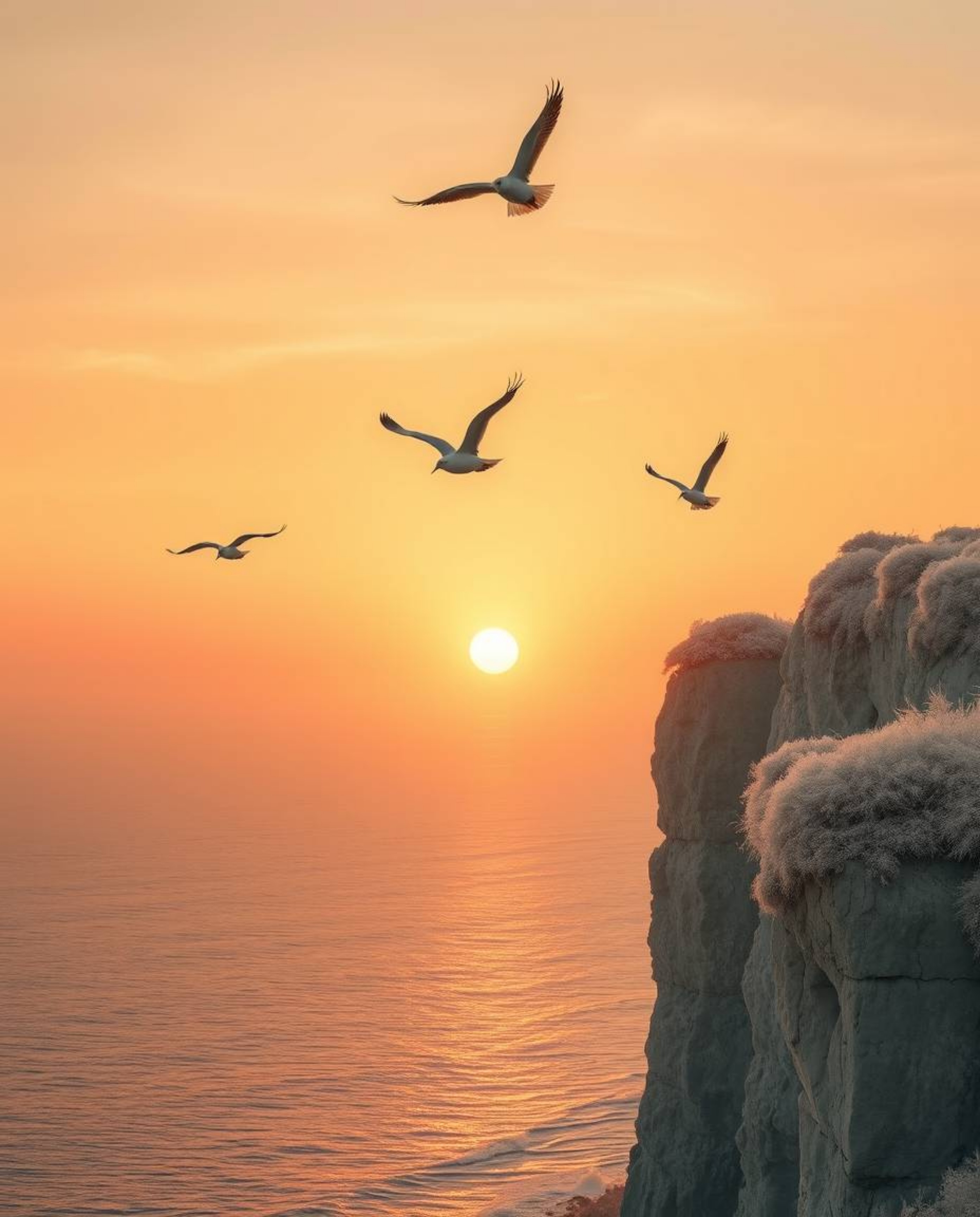 This is a surreal infrared photograph of a sunset over a coastal cliff, where soaring birds are rendered in the otherworldly 