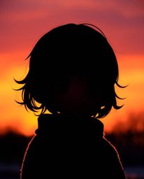 A charming scene unfolds with a silhouetted figure set against a vibrant sunset backdrop as delicate snowflakes fall. The fig