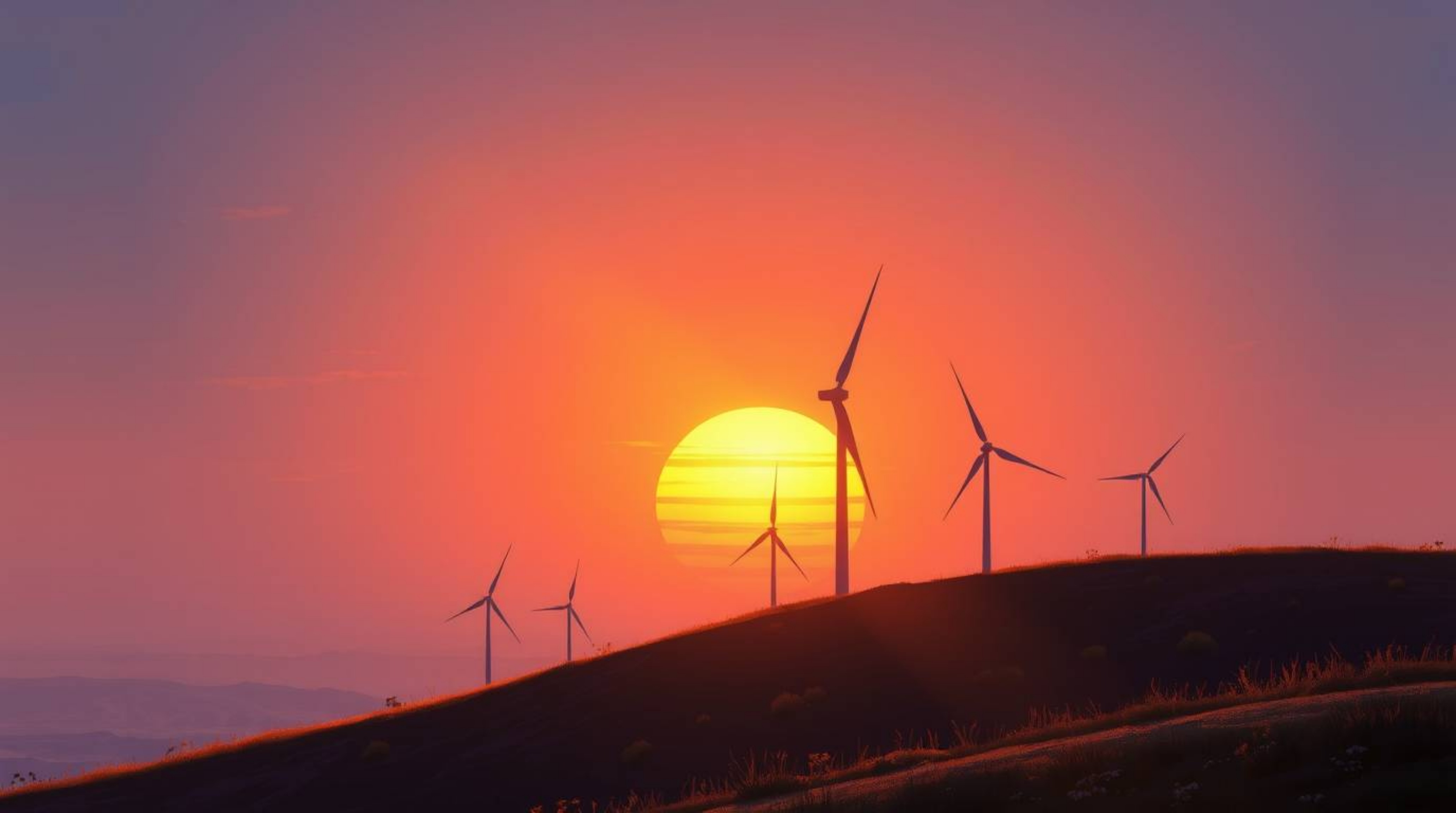 A stunning digital painting captures a vibrant sunset casting strong, hard light and dramatic shadows behind a row of wind tu