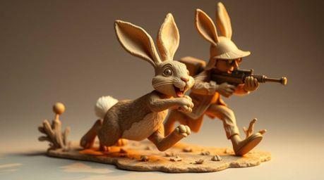 A captivating sculptural clay art piece showcasing a wacky rabbit cleverly outsmarting a hunter with elements of slapstick hu