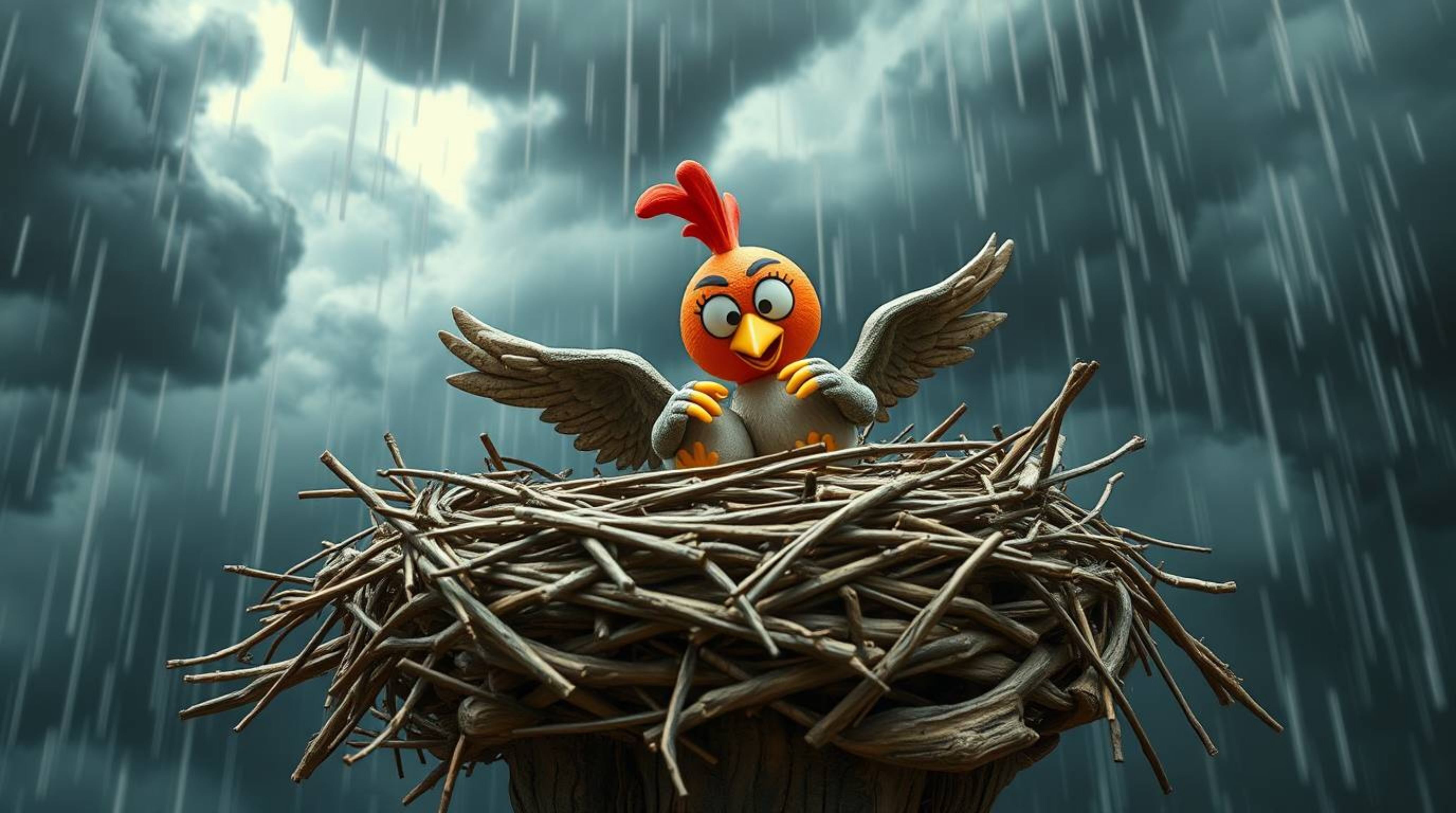 A captivating image depicting two cartoon birds diligently constructing a nest amidst a dramatic, stormy sky. The papier-mâc