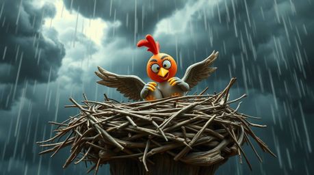 A captivating image depicting two cartoon birds diligently constructing a nest amidst a dramatic, stormy sky. The papier-mâc
