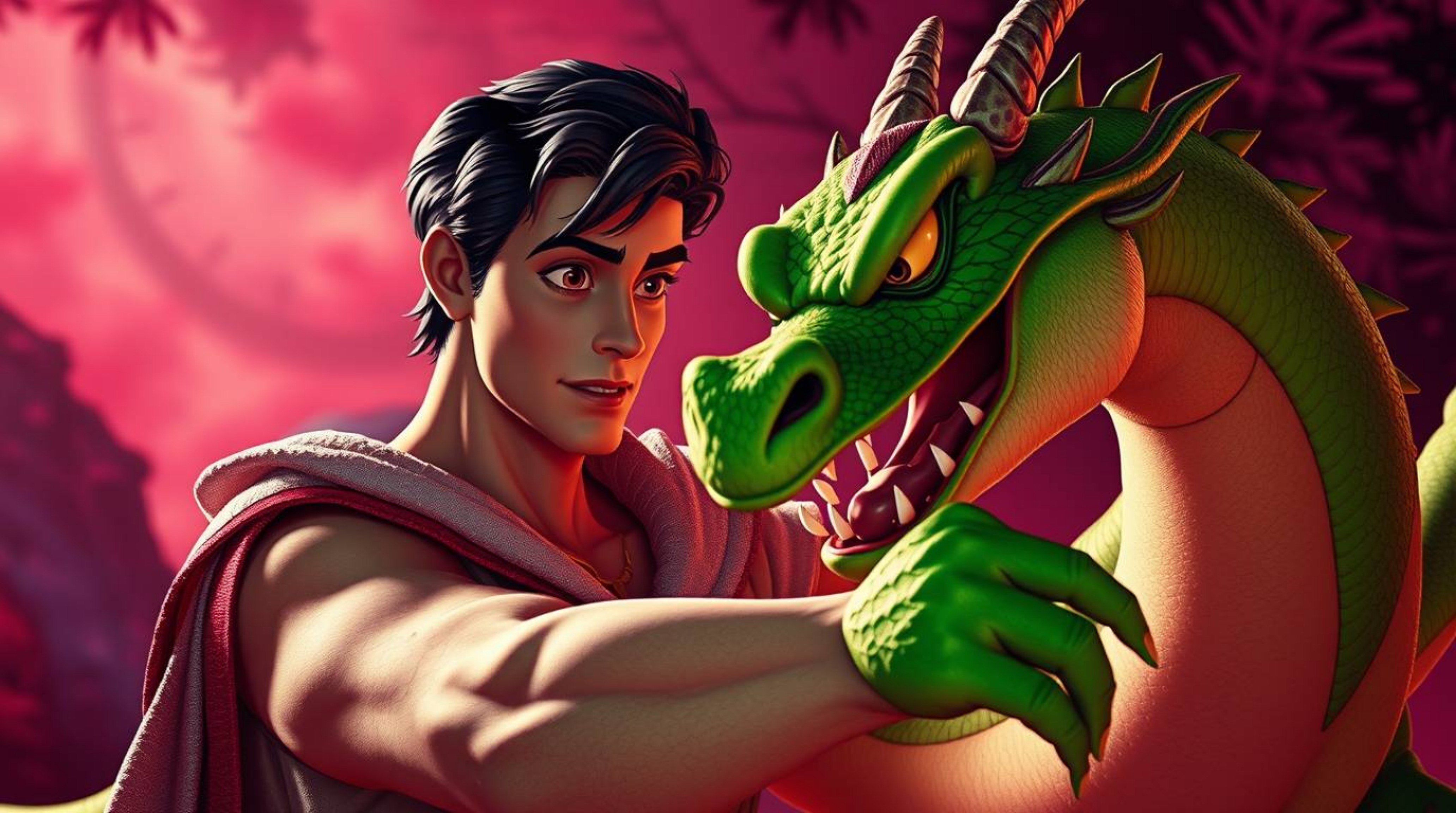 A captivating image depicting a charming prince battling a vibrant green dragon in a unique 1950s animation style. Rendered i