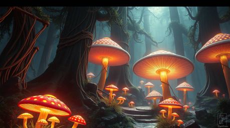 Explore a captivating digital painting showcasing a grand, futuristic interpretation of a vintage enchanted forest, brought t