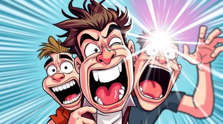 A dynamic illustration depicting a hilarious gross-out comedy moment. Featuring exaggerated expressions, bright lens flares, 