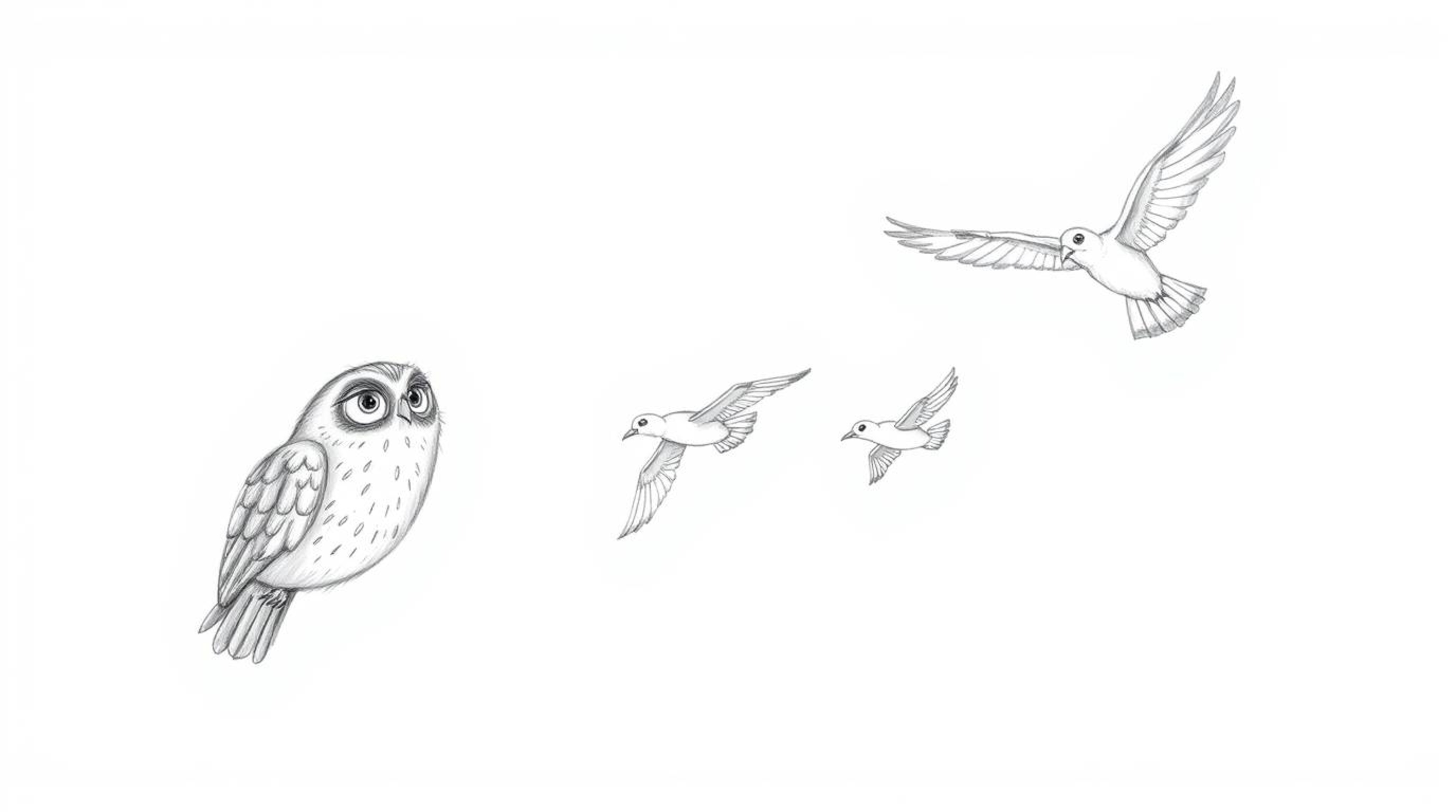 A charming hand-drawn pencil sketch in the style of Pixar portrays a wise, blind owl guiding a flock of birds in synchronized